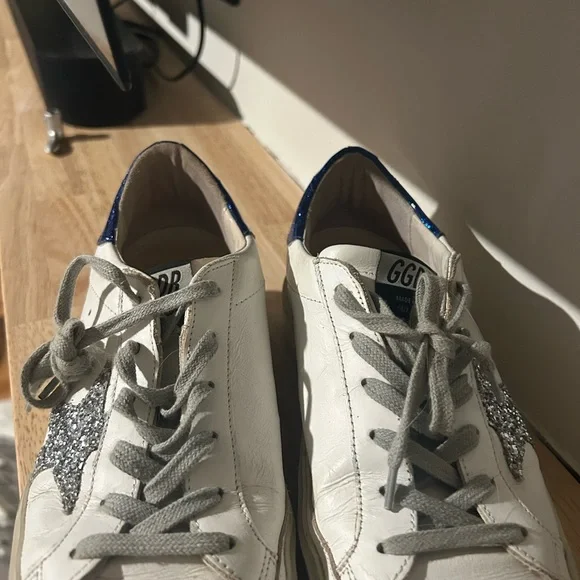 Golden Goose White and Blue Sneakers with Silver Star